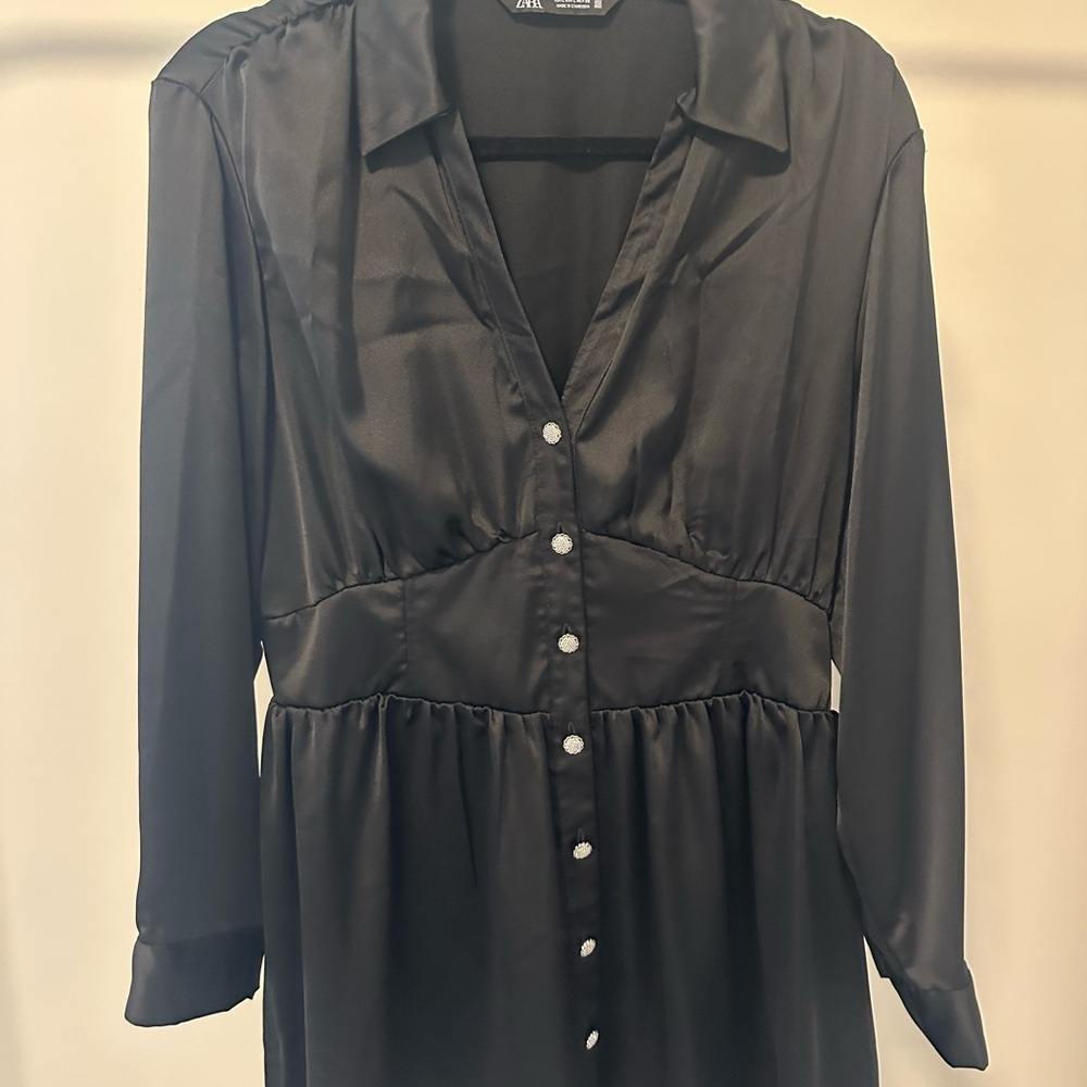 Zara Black Satin Dress With Rhinestone Buttons - Size Large